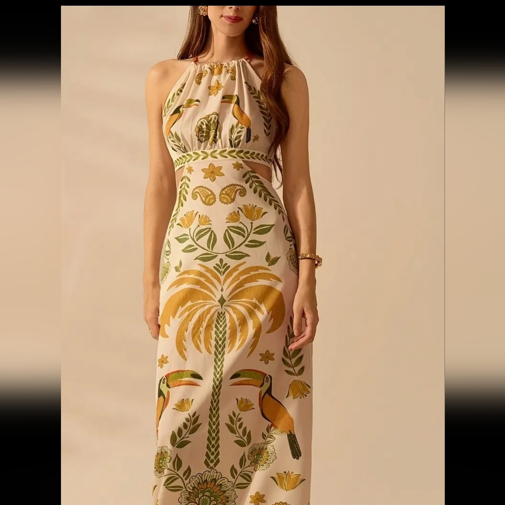 Green and Gold Tie Front Cut Out Maxi Dress - Picture 4 of 5
